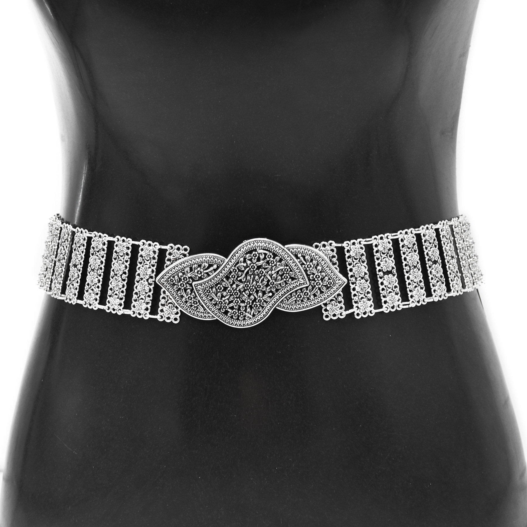 Ethnic Fashion Clothing - Vintage Silvery Hollow Flower Metal Waist