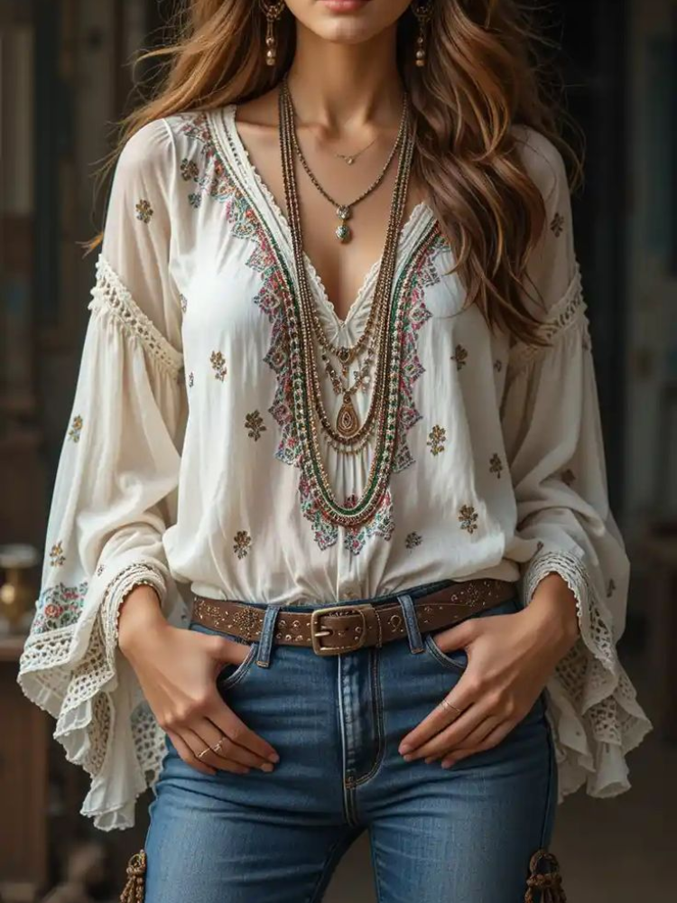 Women V-neck Ethnic Style Long - Ethnic Fashion Clothing บทวิจารณ์และราคา