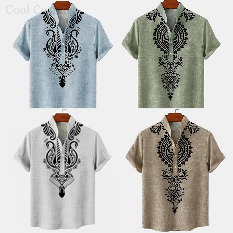Male Retro Tops Henley Shirt M - Ethnic Fashion Style บทวิจารณ์และราคา
