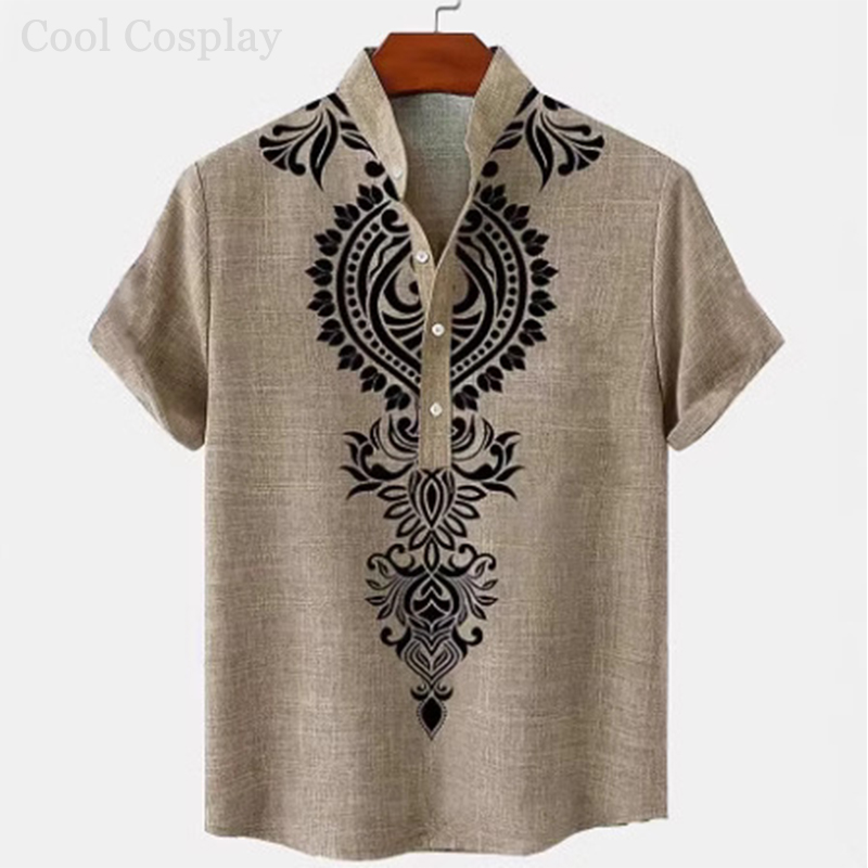 Male Retro Tops Henley Shirt M - Ethnic Fashion Style บทวิจารณ์และราคา