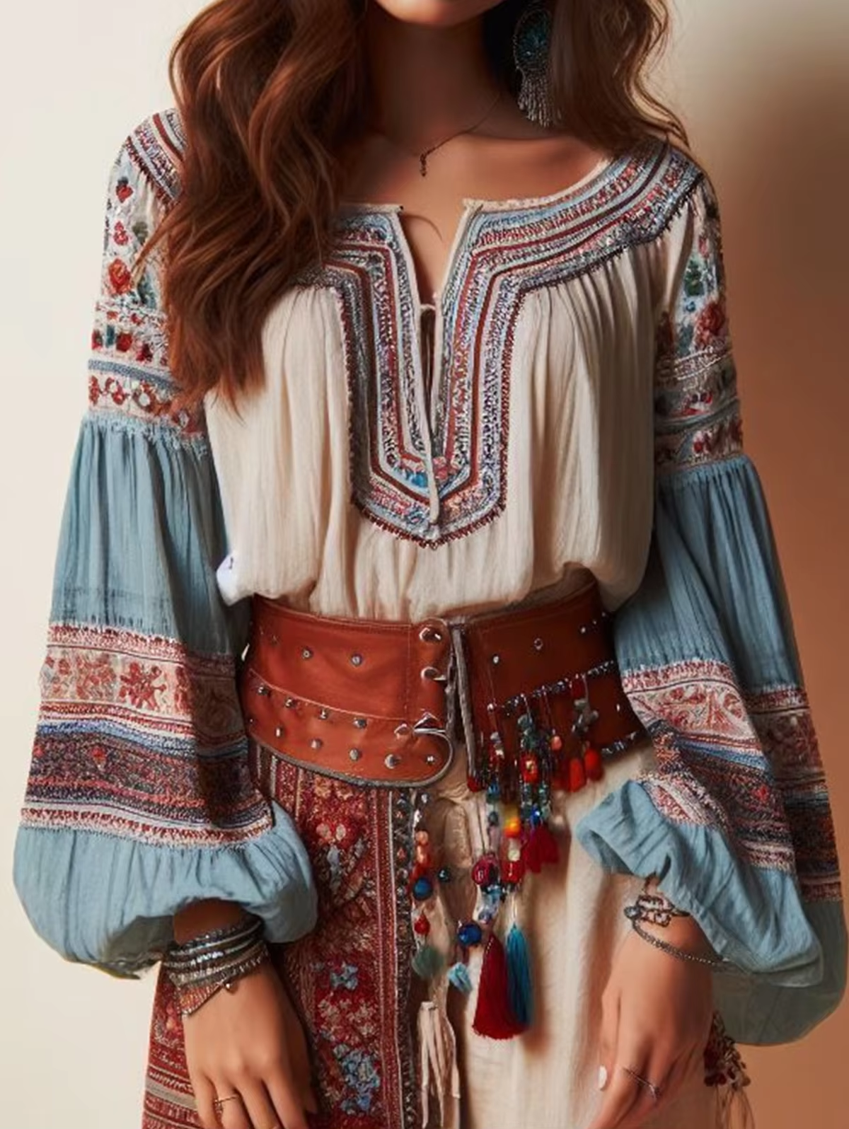 Lantern Sleeves Boho Blouse Fl - Ethnic Fashion Clothing บทวิจารณ์และราคา